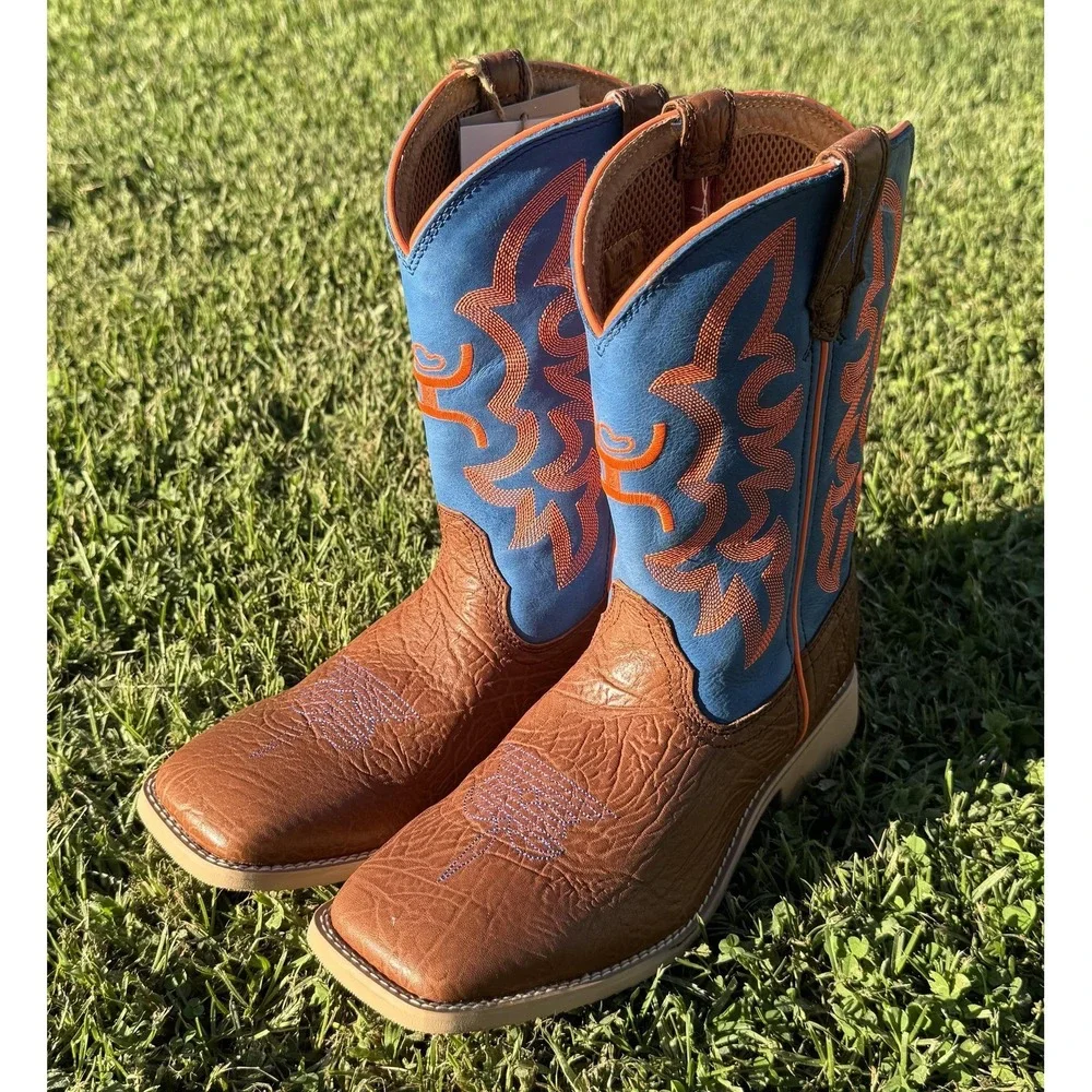Twisted X Kids Boots Size 5 Brown Blue Leather Western Cowboy Square Toe YHY0001